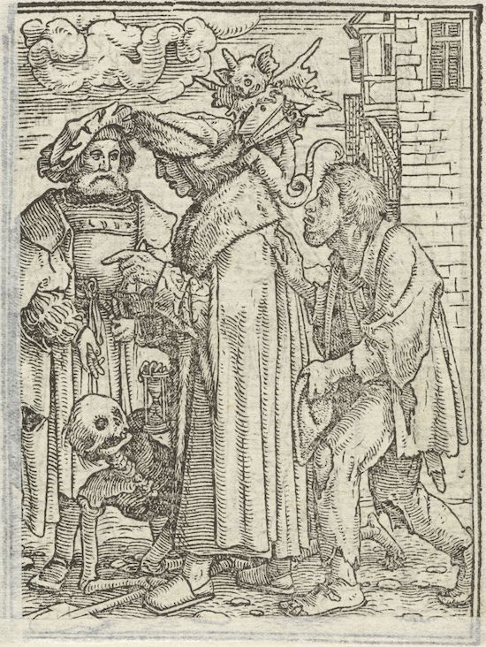A black and white woodcut image depicting a fantastical scene with several figures and a building in the background.