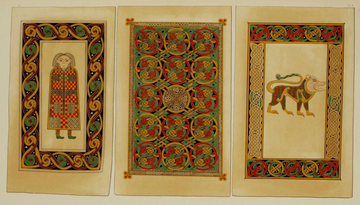Three rectangular panels of illuminated manuscript-style artwork, each with ornate borders and central designs.