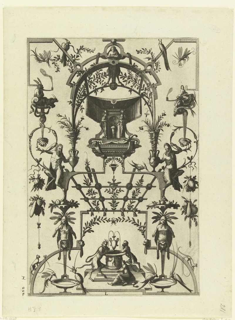 A detailed black and white engraving featuring an ornate, symmetrical design with figures, plants, and insects within an elaborate frame.