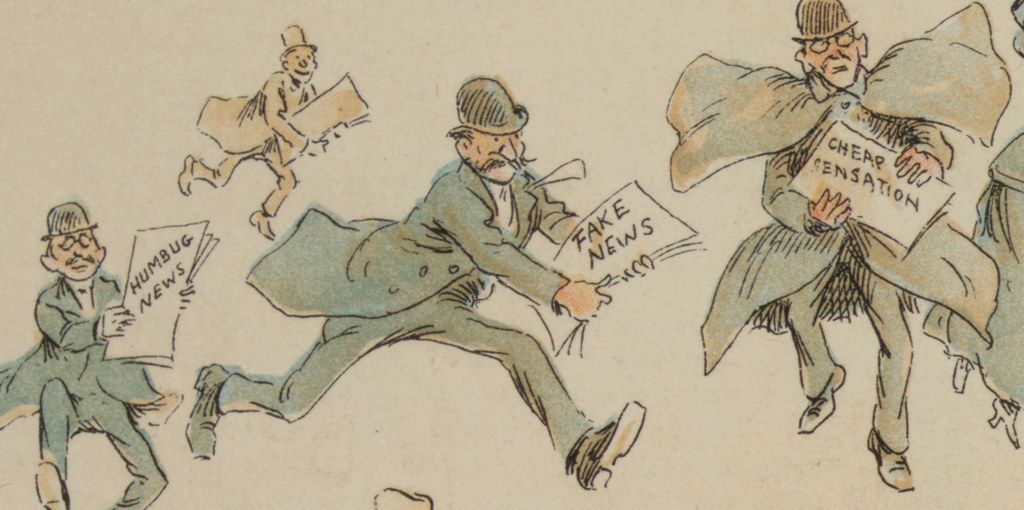 A vintage-style illustration depicting three men running and carrying newspapers with sensationalist headlines like 'Humbug News,' 'Fake News,' and 'Cheap Sensation.'