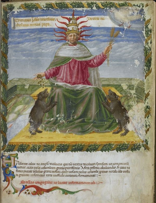 Medieval manuscript illumination of a regal figure holding a globe.