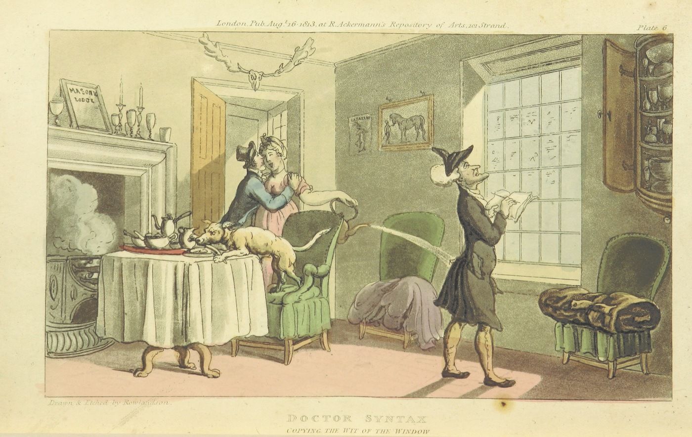 A hand-colored etching titled "Doctor Syntax Copying the Wit of the Widow". The scene takes place in a well-appointed interior, likely a dining room. A man, presumably Doctor Syntax, is depicted in the center of the room, attempting to copy a witty remark from a woman.