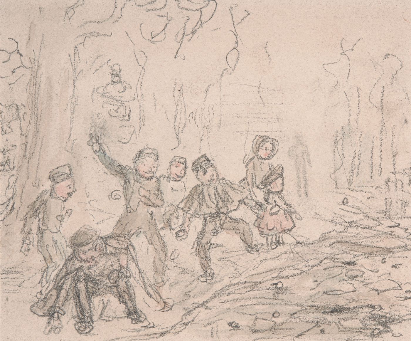 A sepia-toned sketch depicting a lively scene with a group of people in a wooded area.