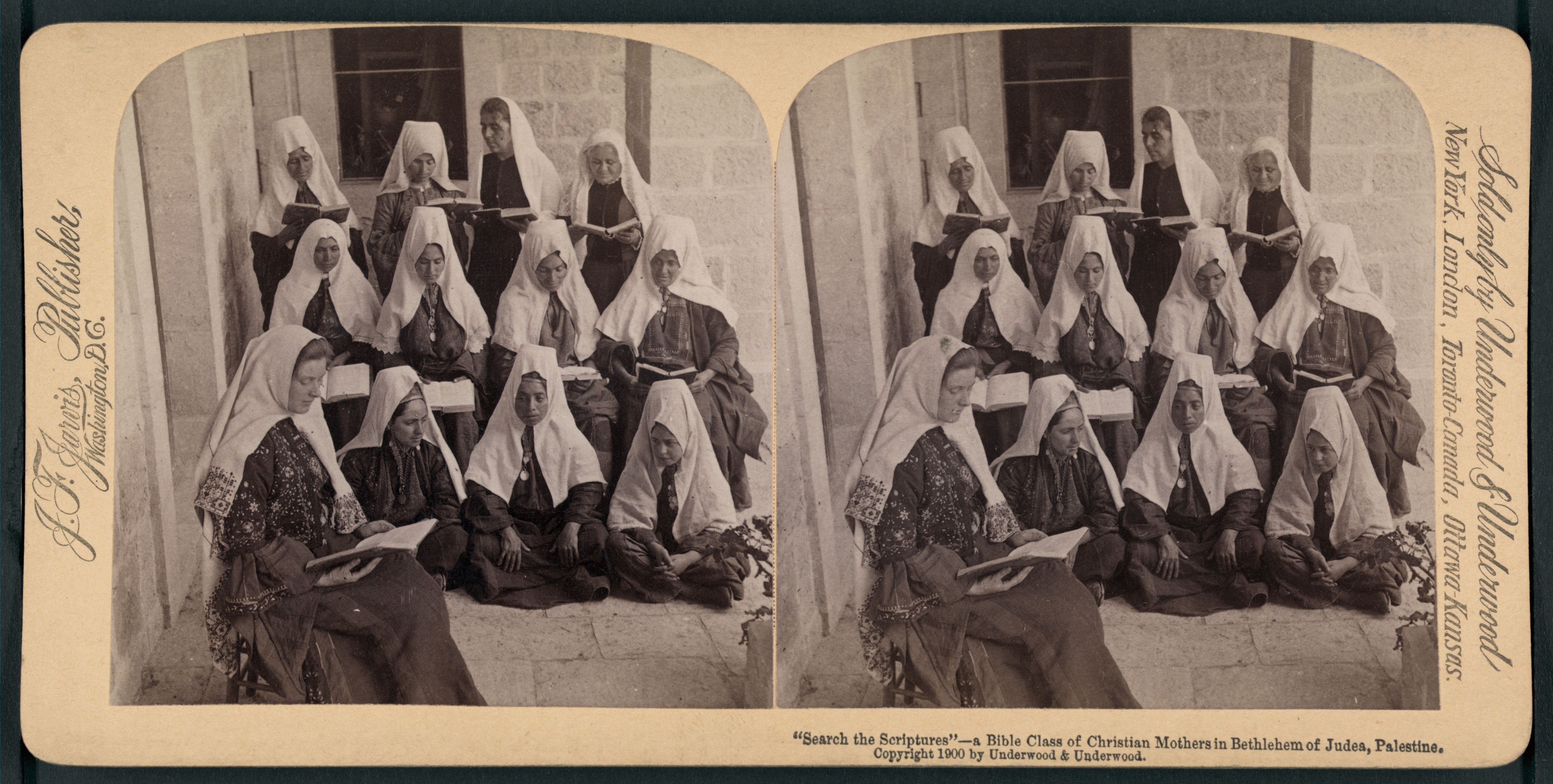 Stereoscope card showing a group of Christian mothers in Bethlehem, Palestine, around 1900, engaged in a bible class.
