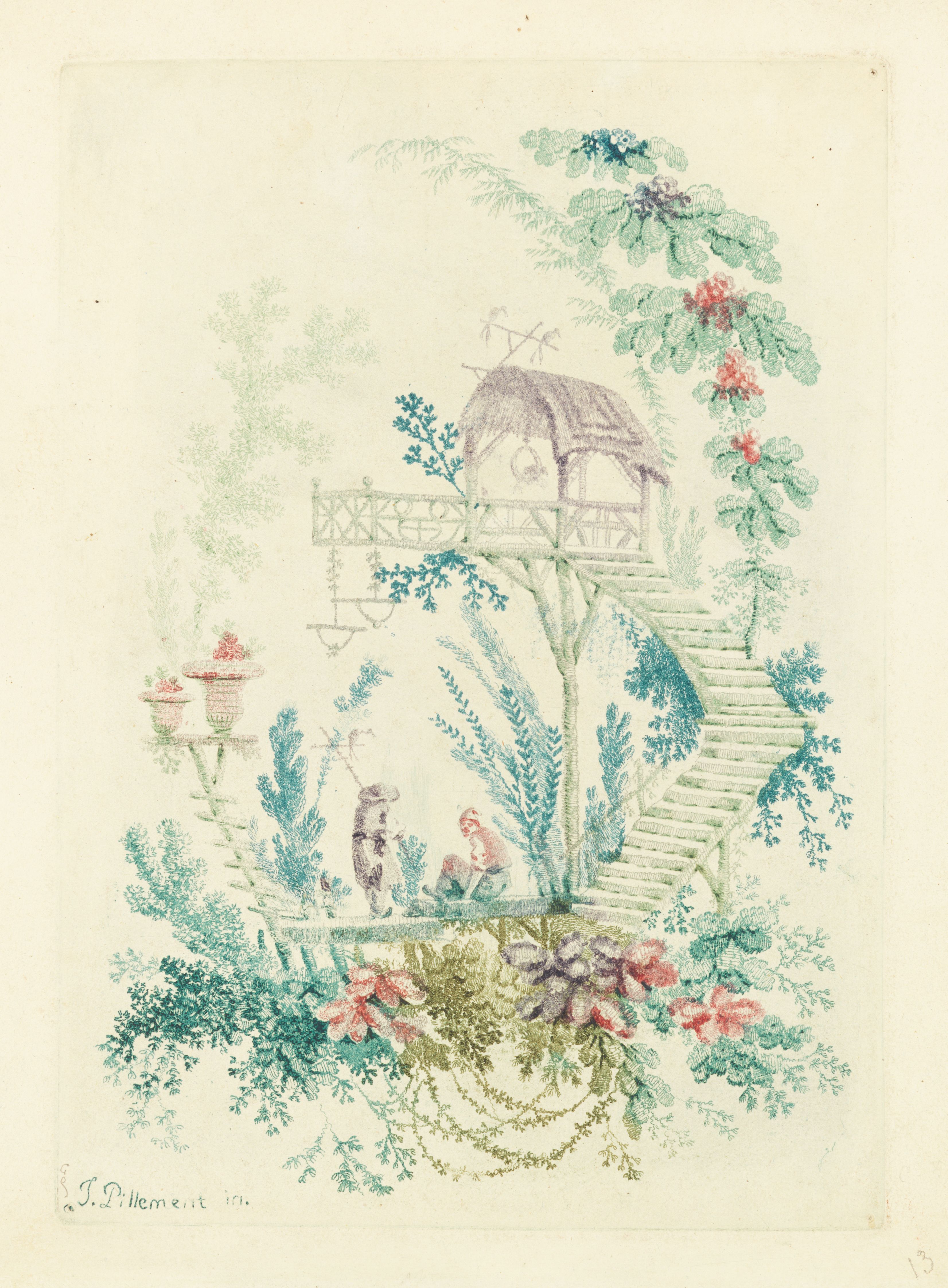 Vintage illustration of a garden with a hut, stairs, and people.