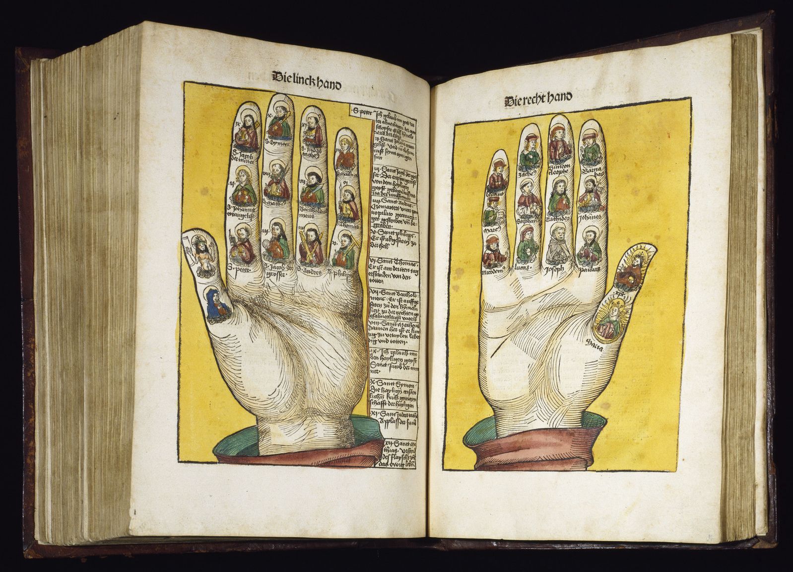 Open book with illustrations of hands filled with portraits.