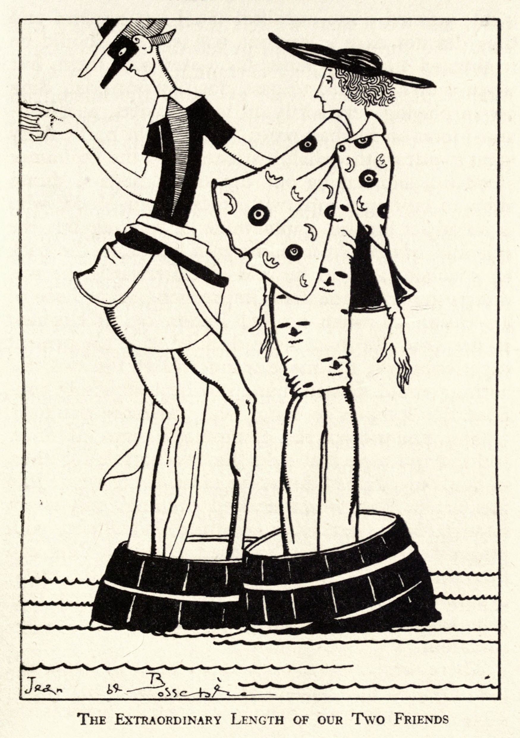 A black and white illustration of two extremely tall, thin figures standing on a barrel floating on water. The figures are wearing unusual clothing and masks. The caption reads: "THE EXTRAORDINARY LENGTH OF OUR TWO FRIENDS".