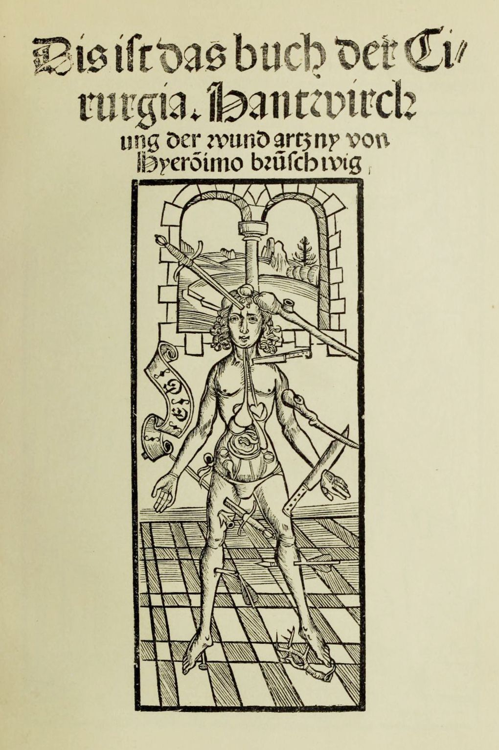 A woodcut illustration of a man with numerous wounds inflicted upon him, standing within a rectangular frame with an arched structure behind him.