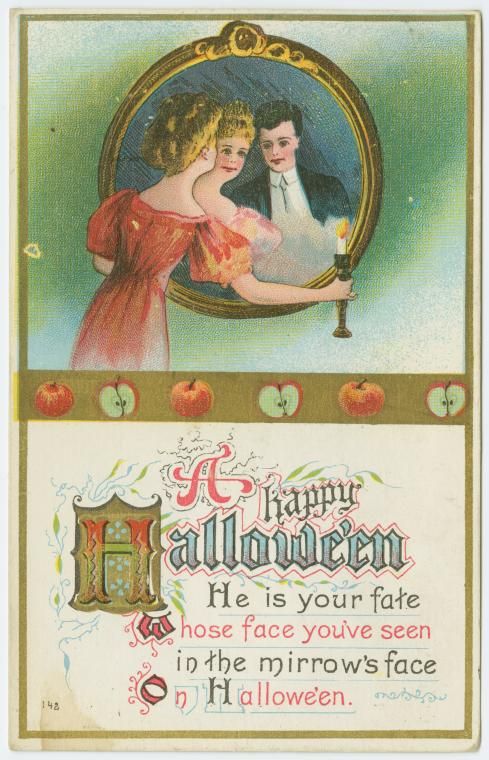 Vintage Halloween postcard with a woman looking at her reflection, which reveals a man, and a poem about fate.