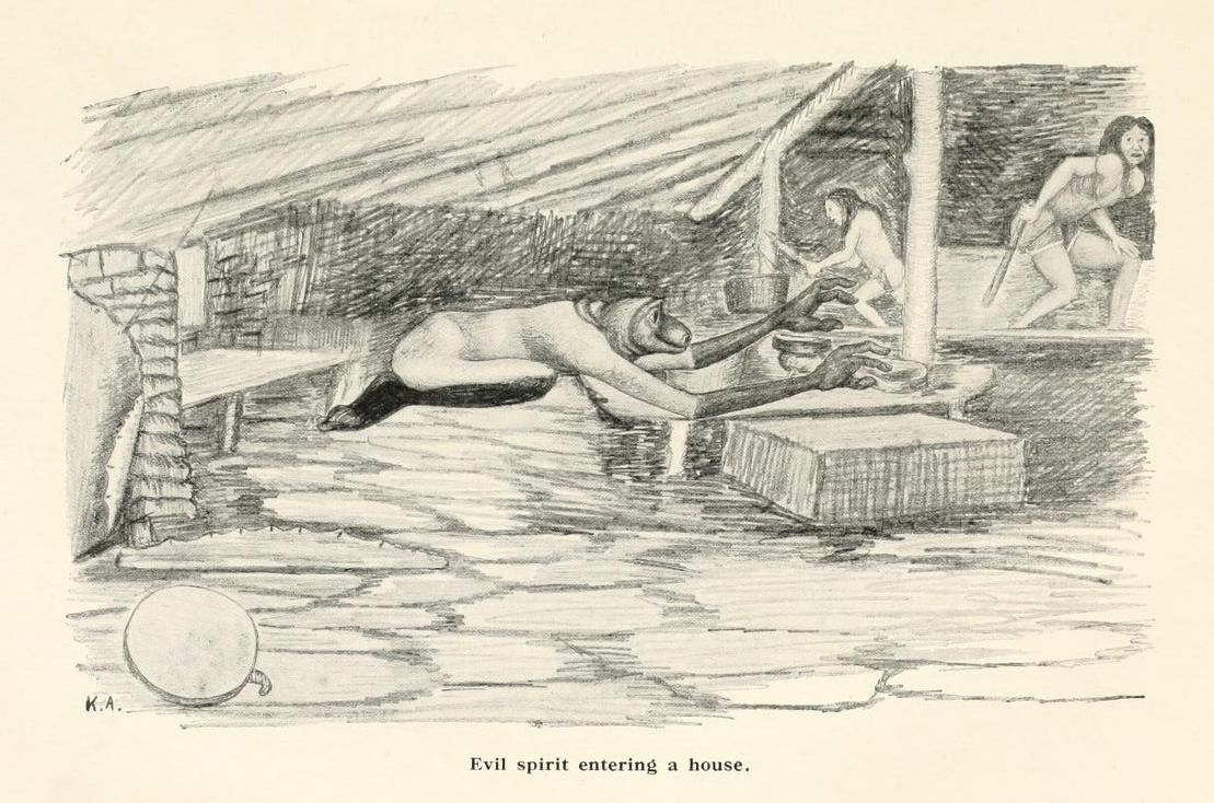 A black and white sketch depicting an 'Evil spirit entering a house'. The spirit is crawling towards the entrance of a simple, thatched-roof house, while several figures observe from inside.