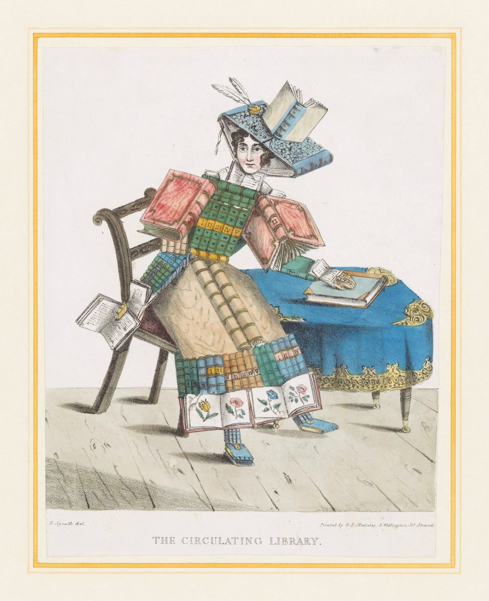 A colorful cartoon titled "The Circulating Library" depicts a woman entirely constructed from books, seated on a chair with a book in her lap.