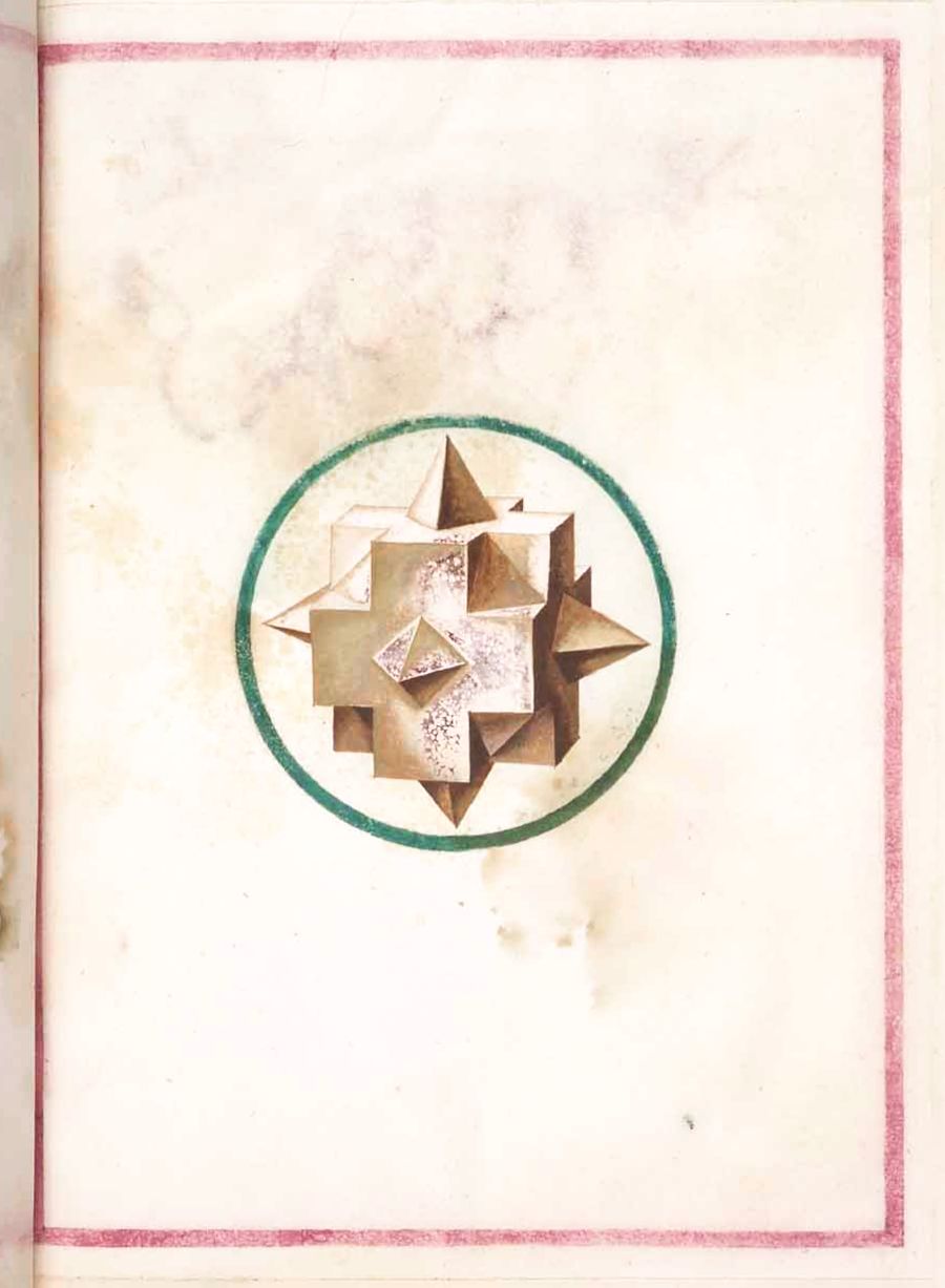 A page with a geometric design in the center. The design consists of a three-dimensional star-like shape, constructed from multiple triangular planes, giving it a complex, faceted appearance. The star is enclosed within a green circle, which provides a contrasting border. The page itself has a slightly aged, off-white tone, with a subtle pink border around the edges.