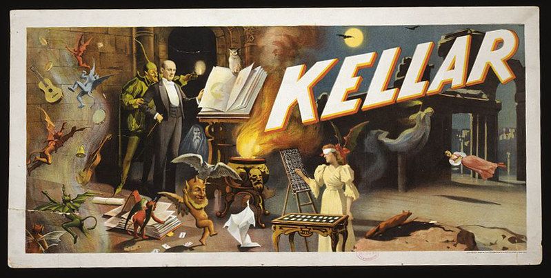 Vintage lithograph poster advertising magician Kellar, featuring a chaotic scene with devils, ghosts, and a woman performing a levitation trick.