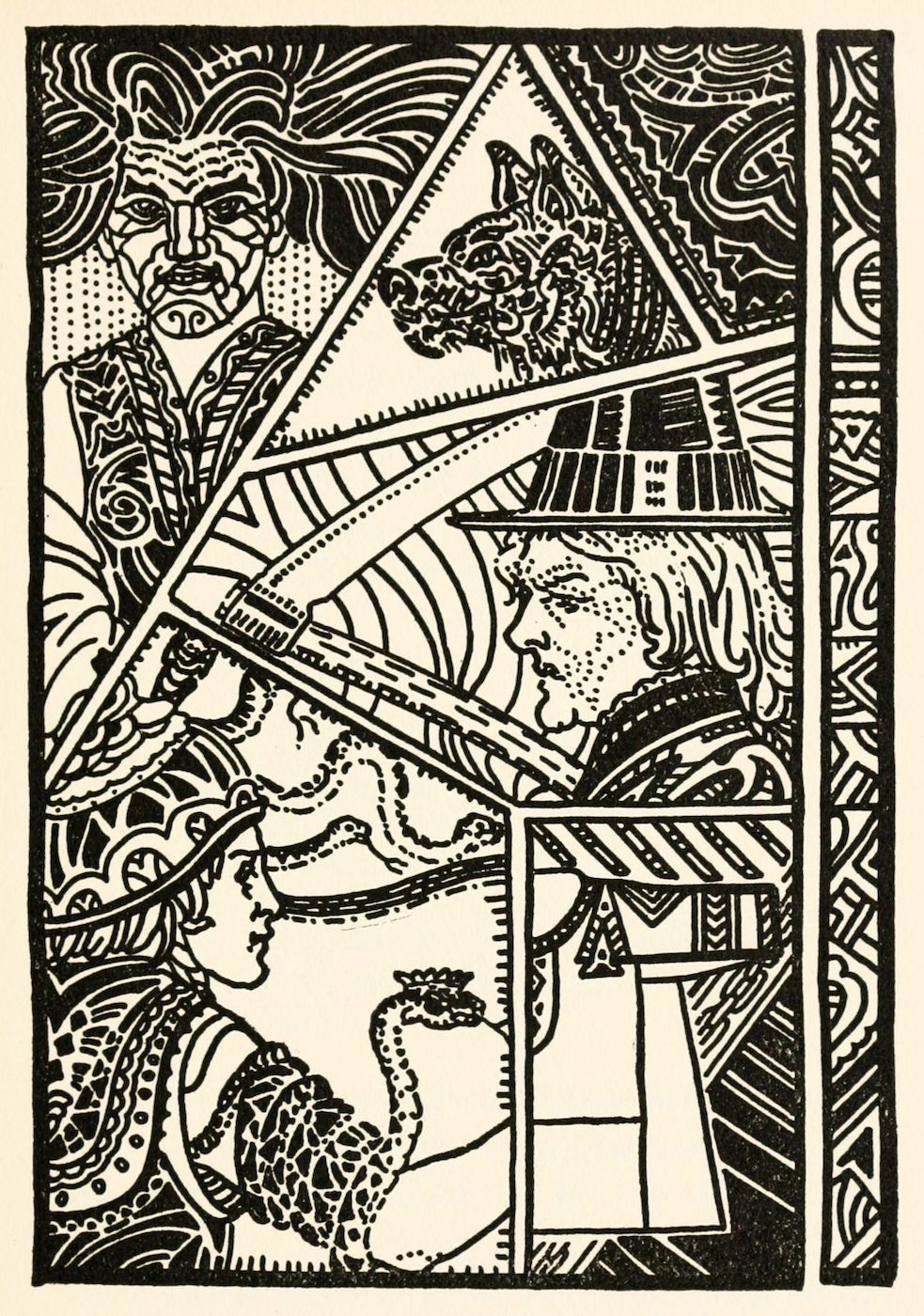 A black and white illustration in the Art Nouveau style, featuring portraits, animals, and geometric patterns.