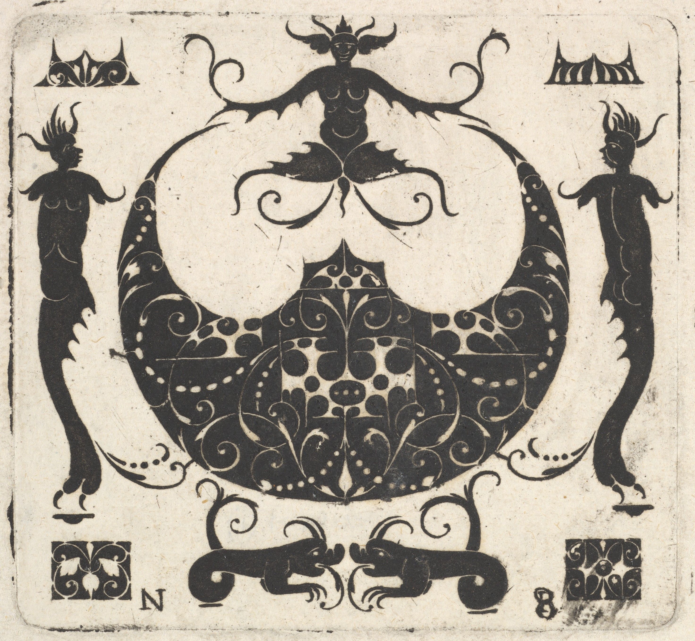 A vintage-style illustration with a symmetrical, ornate design featuring stylized figures, a fish-like motif, and intricate patterns.