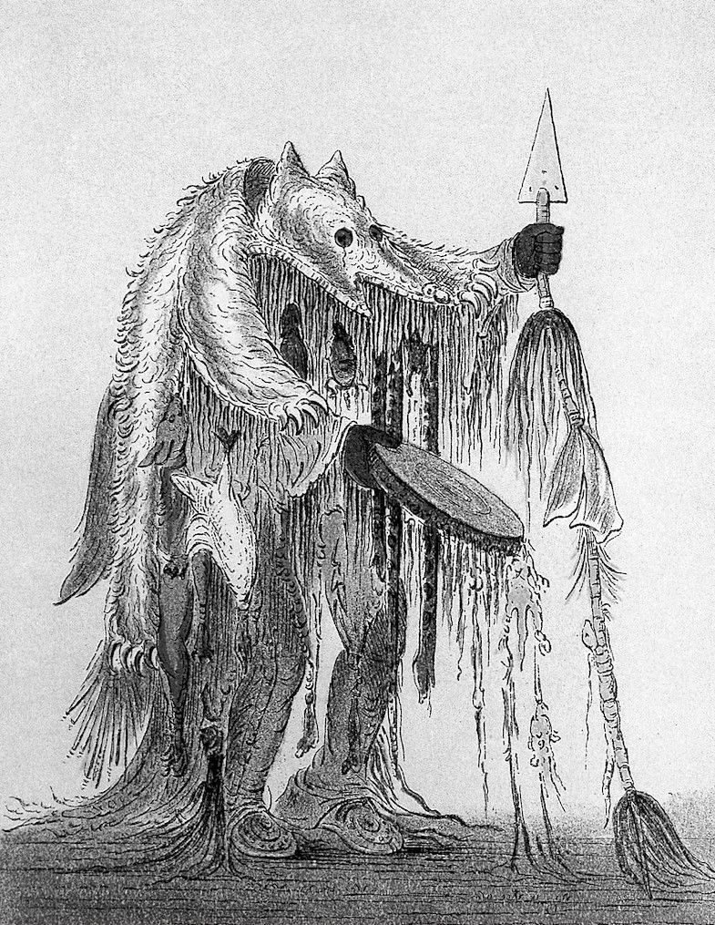 A black and white illustration of a person in a wolf costume holding a drum and spear.