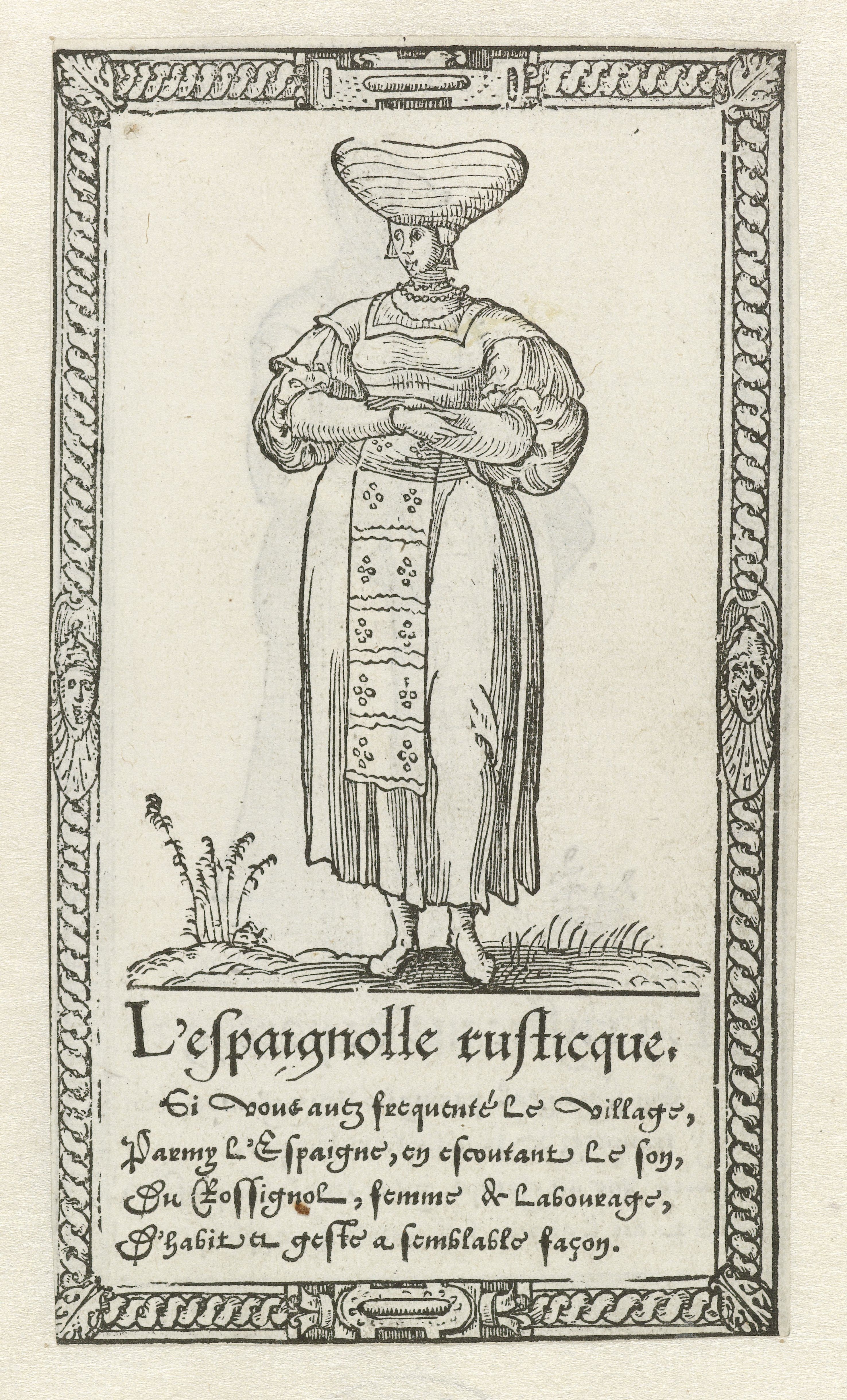 A black and white engraving of a Spanish peasant woman balancing a large hat on her head. She is wearing a dotted dress and holding an object in her hand. The image is framed by a decorative border, and there is text in French below it.