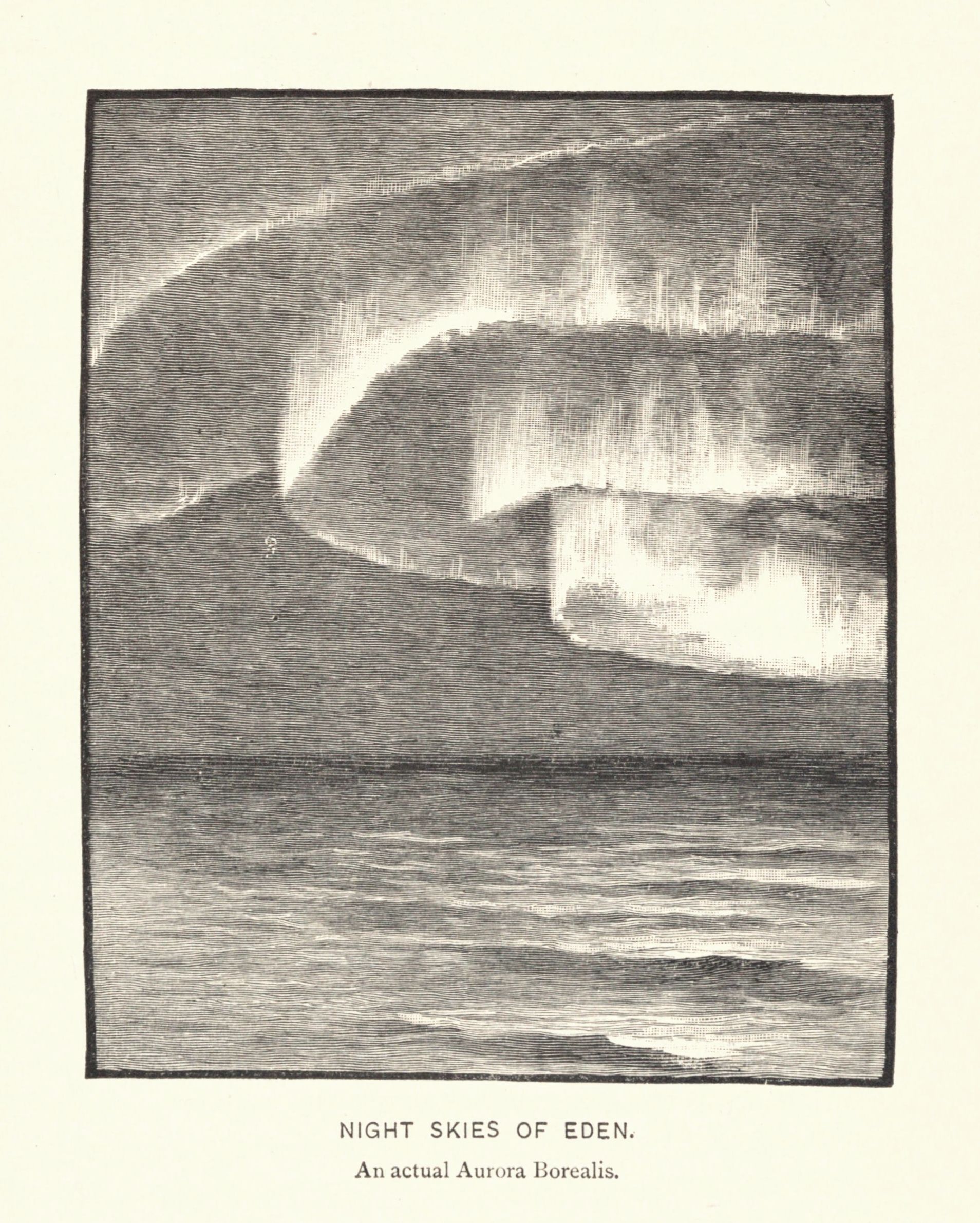 A vintage black and white illustration of an aurora borealis over a dark landscape. The aurora is depicted as swirling bands of light, while the landscape is largely obscured by shadow.