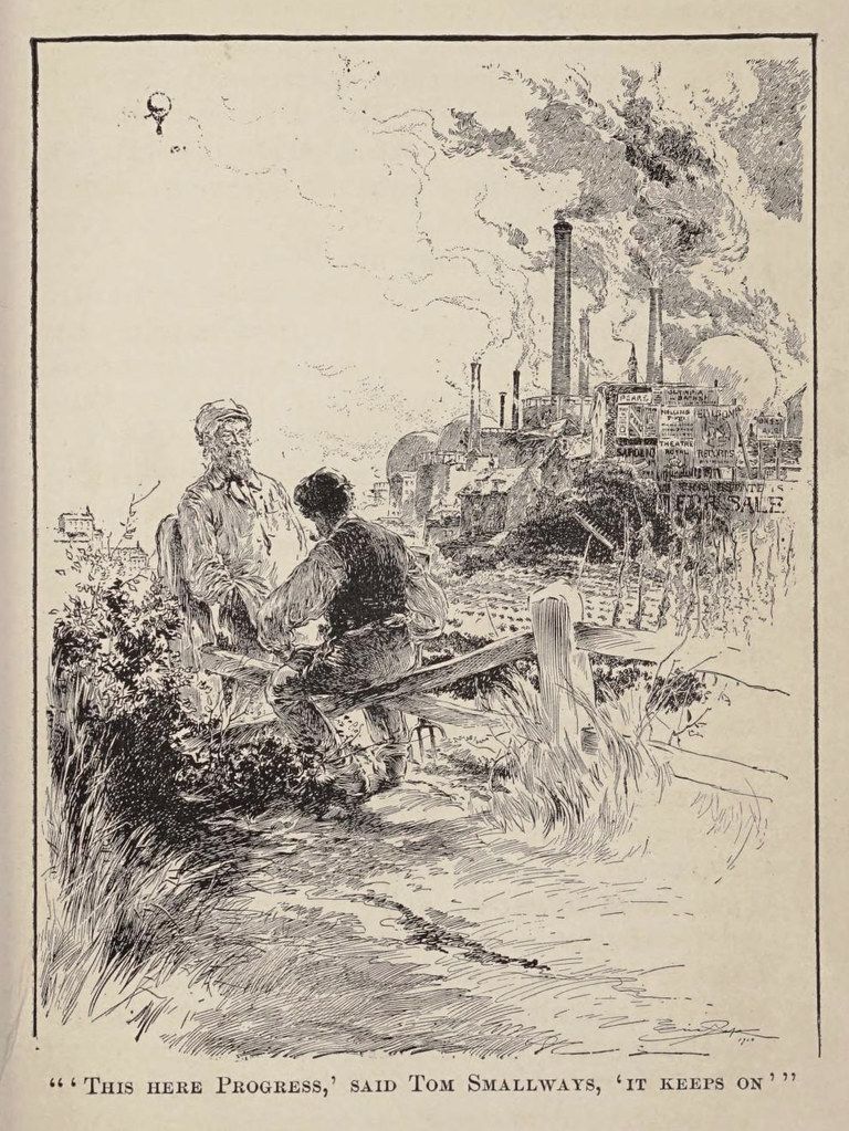 Two men sit on a grassy embankment looking at a large factory complex with smokestacks billowing smoke.