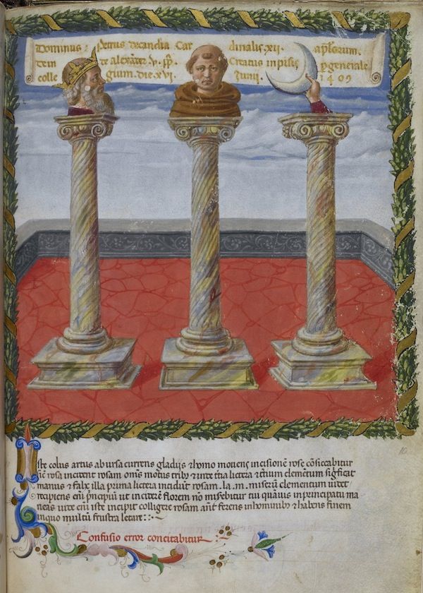 A page from a medieval manuscript featuring three ornate columns topped with sculpted heads, standing on a checkered floor, with Latin inscriptions above and a block of text below.