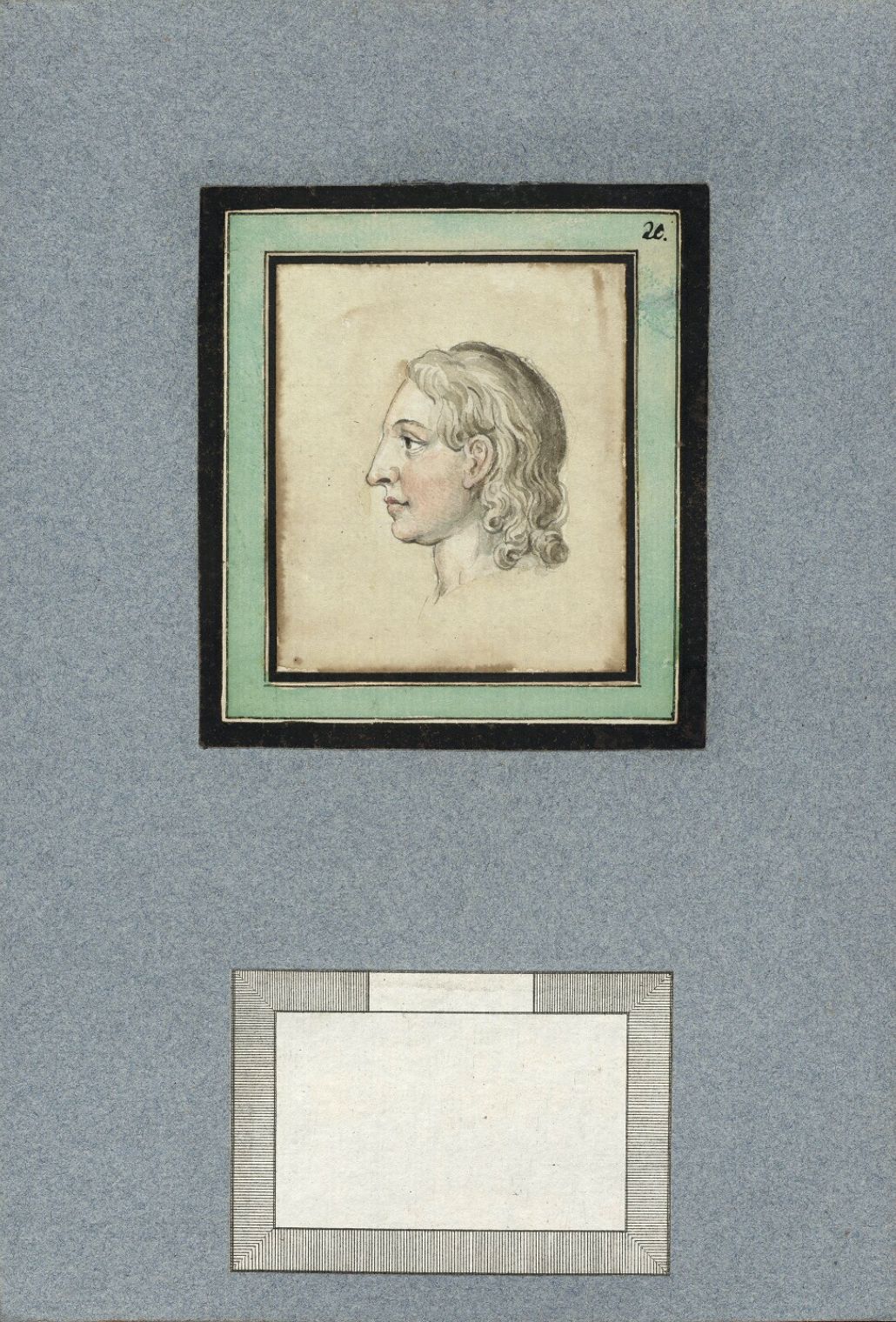 Vintage portrait of a person in profile, framed within a series of nested borders, set against a textured background.
