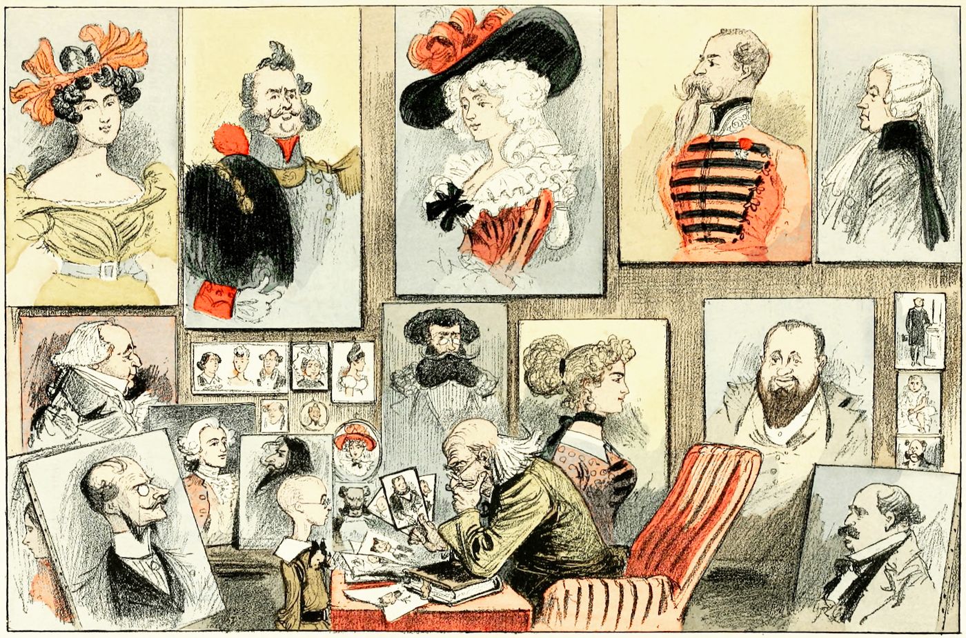A vintage illustration of a room filled with portraits and people. The room appears to be an artist's studio or gallery. The walls are covered with numerous portraits of various individuals, both men and women, in different styles and poses. In the foreground, several people are gathered around a table, with one man seated at the table writing or drawing with a pen on a piece of paper.