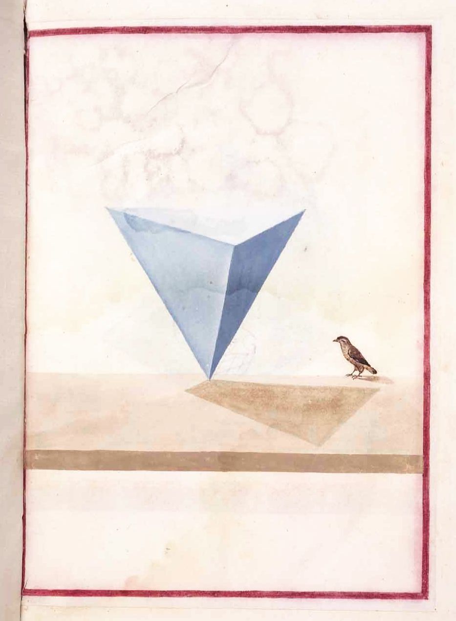 A vintage illustration of a light blue triangular prism casting a shadow, with a small brown bird looking towards it. The image is framed by a thin red border.
