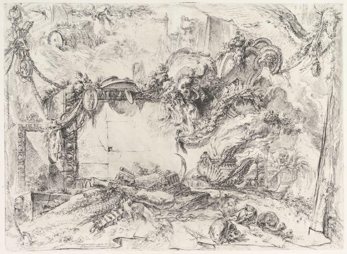 A black and white etching with a surreal and complex composition. The image is filled with a dense network of lines and textures, creating a sense of depth and complexity. In the foreground, there's a chaotic arrangement of what looks like mechanical parts, bones, and organic shapes. Above this chaotic base, there's a more structured element resembling an archway or portal. To the right of the archway, there's a swirling mass of forms that resemble clouds, smoke, or perhaps even living organisms.