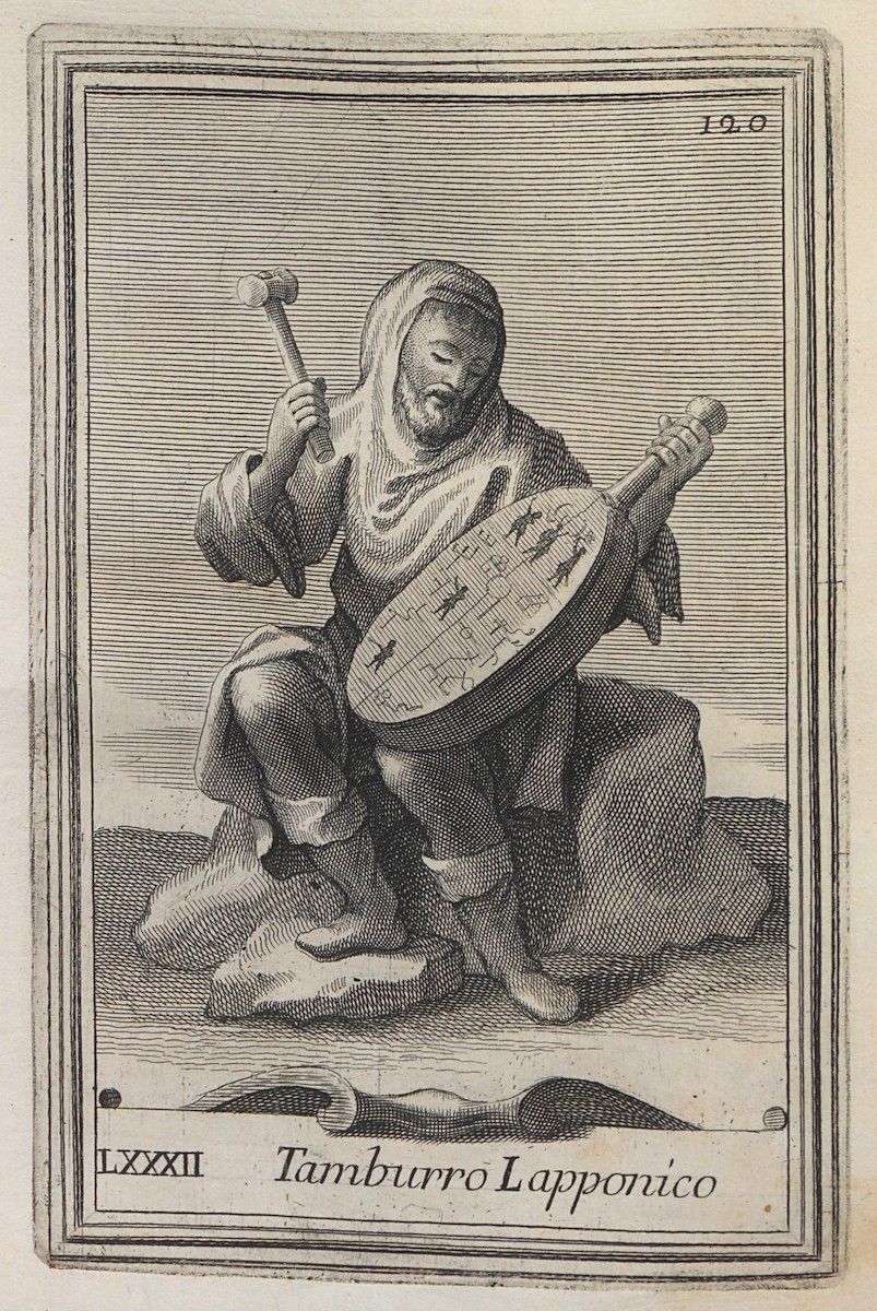 A black and white engraving of a person playing a frame drum, dressed in traditional clothing.