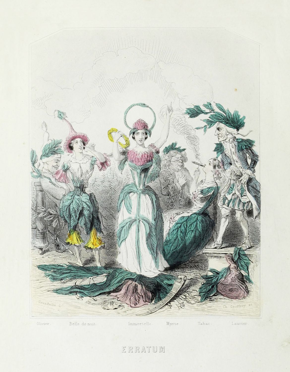A vintage black and white engraving depicting a woman surrounded by a peacock, with other figures in whimsical costumes and a classical architectural backdrop. The word "ERRATUM" is printed below the image.