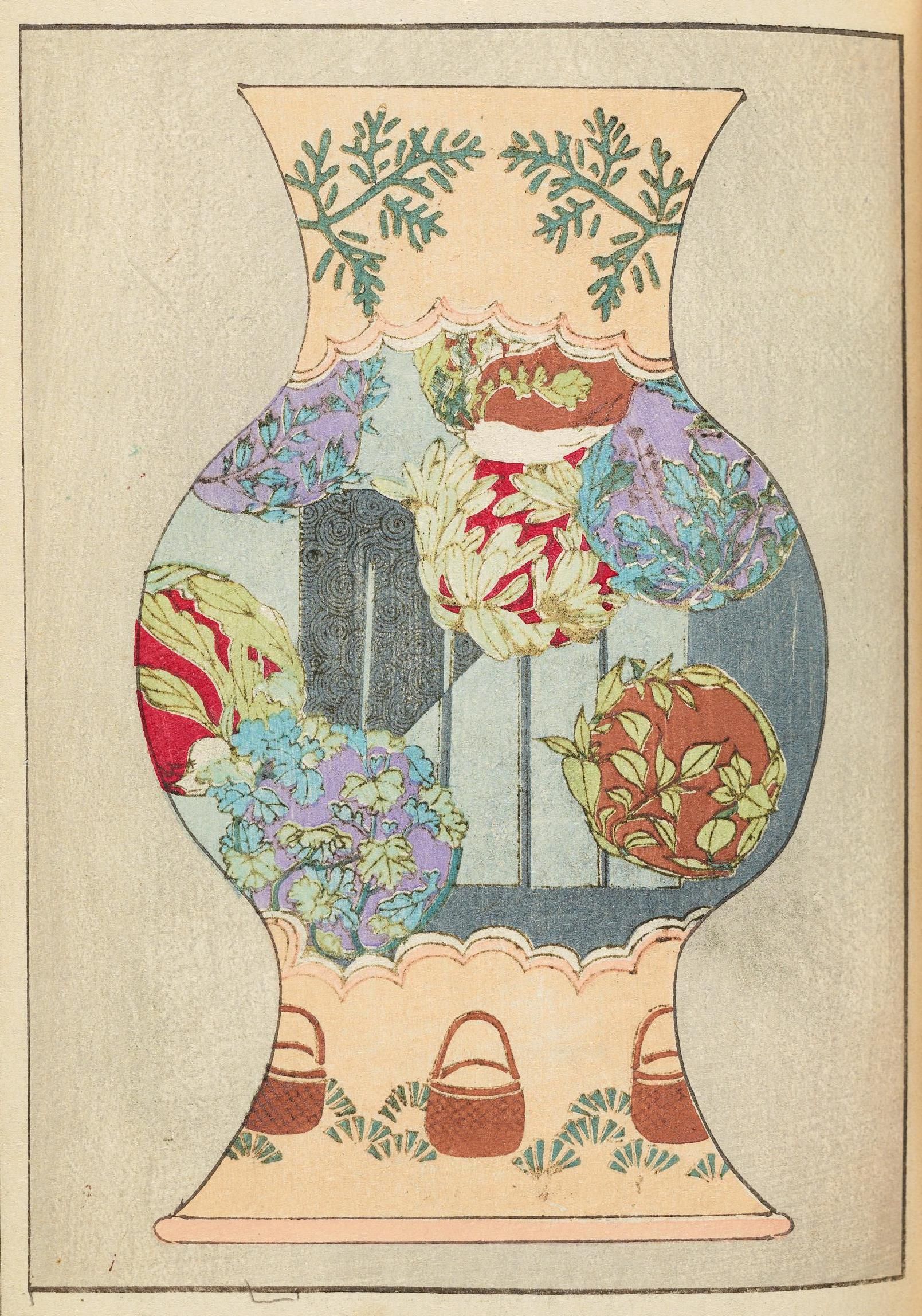 Vintage illustration of a vase filled with flowers and plants, set against a window view.