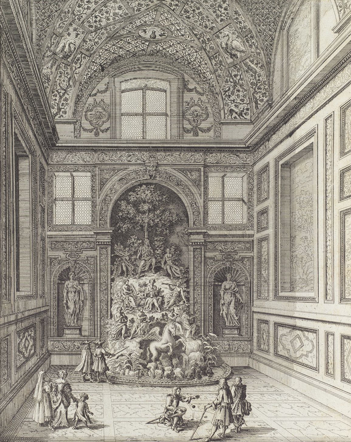 A detailed black and white engraving depicting a grand interior space with a large ornate fountain in the center, surrounded by people in 17th or 18th-century attire.