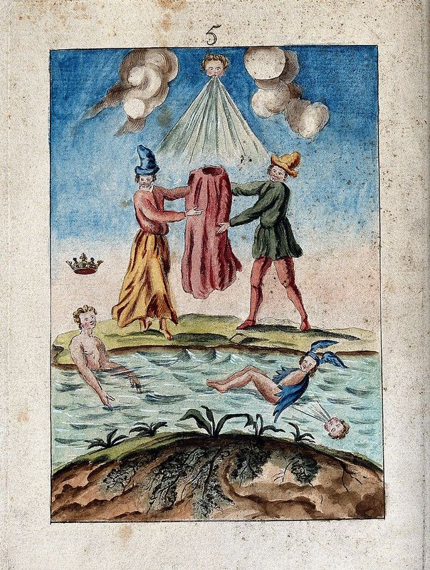 Antique illustration of two figures holding up a red garment with light shining down, while other figures struggle in water below.