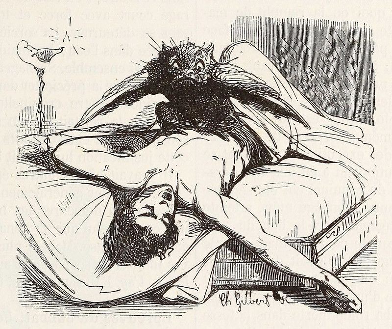 A black and white illustration of a man being tormented by a demon in his bed.