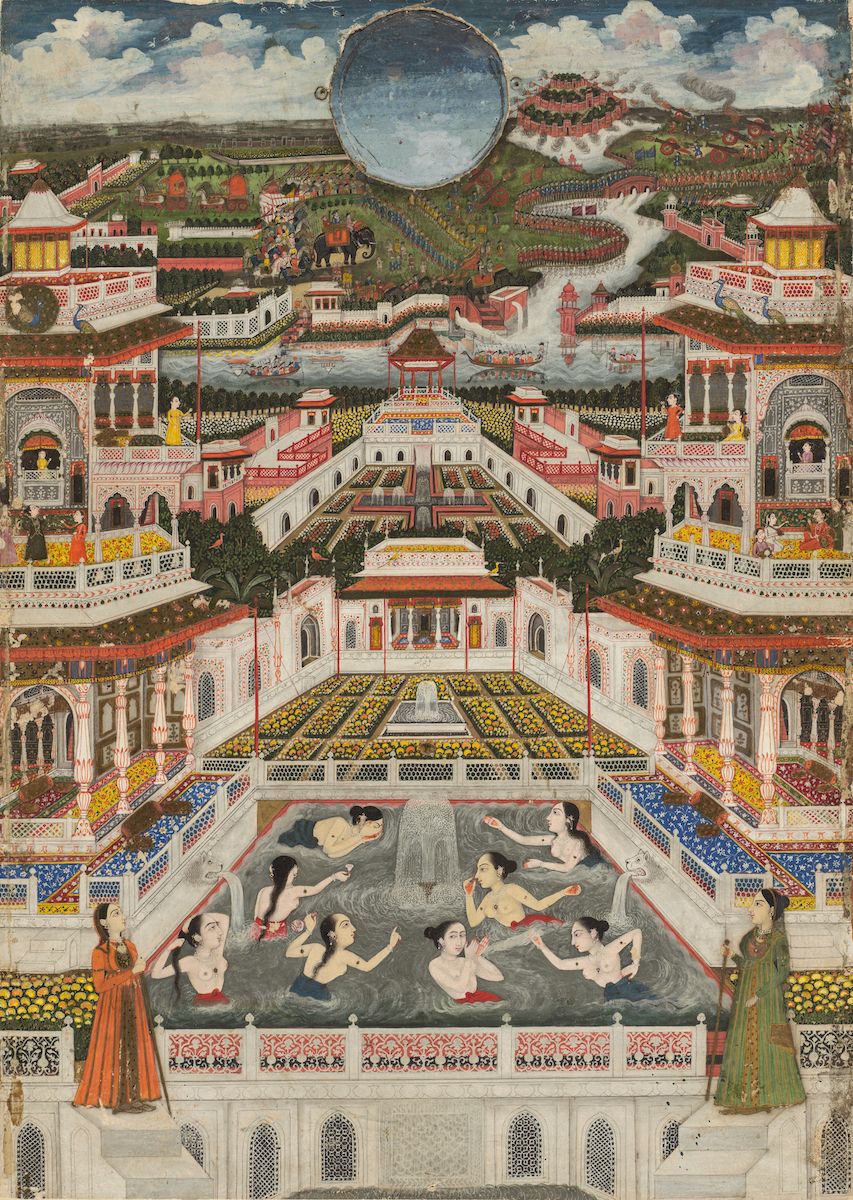 A detailed painting of a palace complex with a large pool and nude figures.