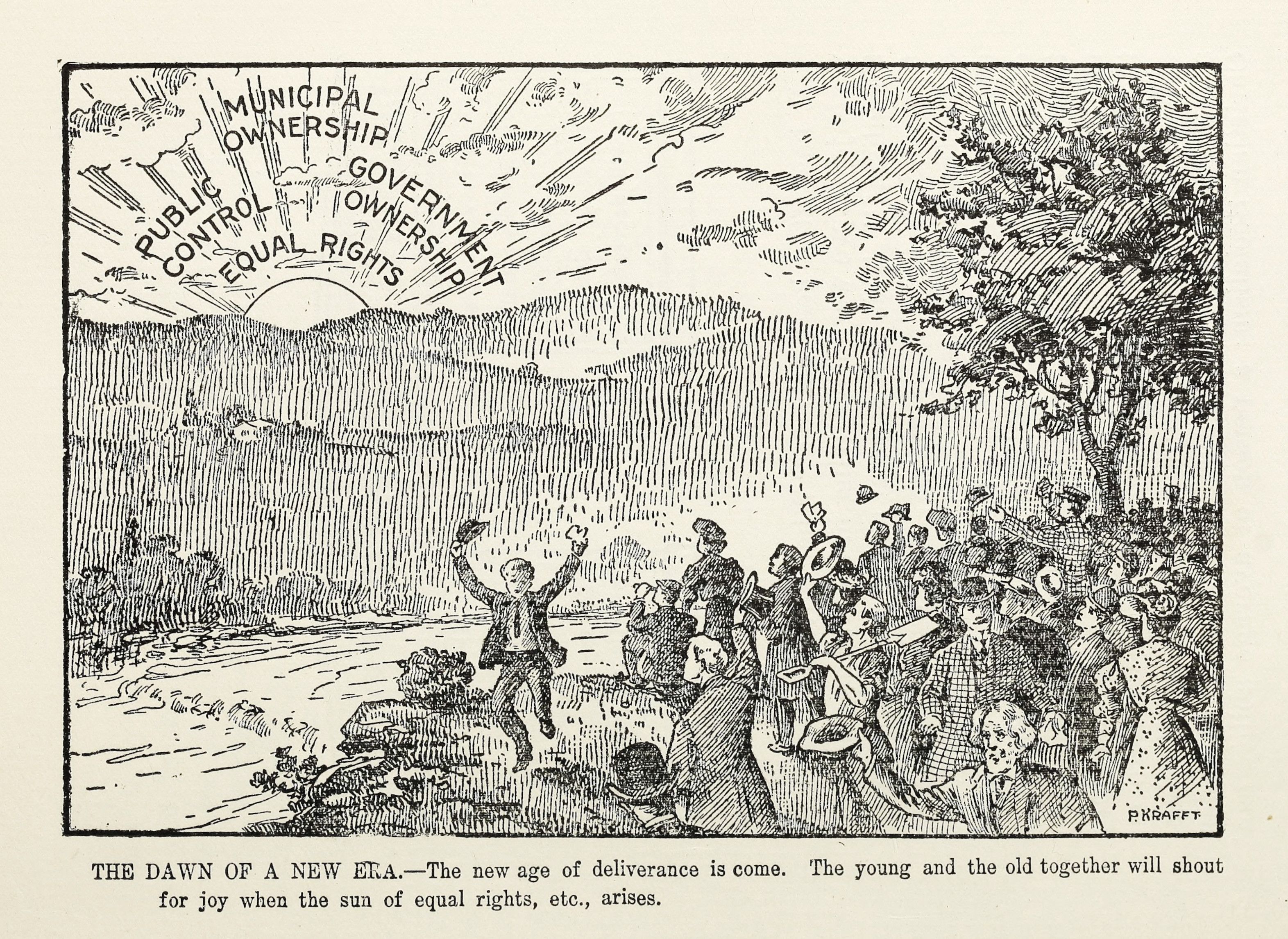 A black and white illustration of a crowd of people looking towards a rising sun with words like "Municipal Ownership", "Public Control", "Government Ownership", and "Equal Rights" within the sun's rays.