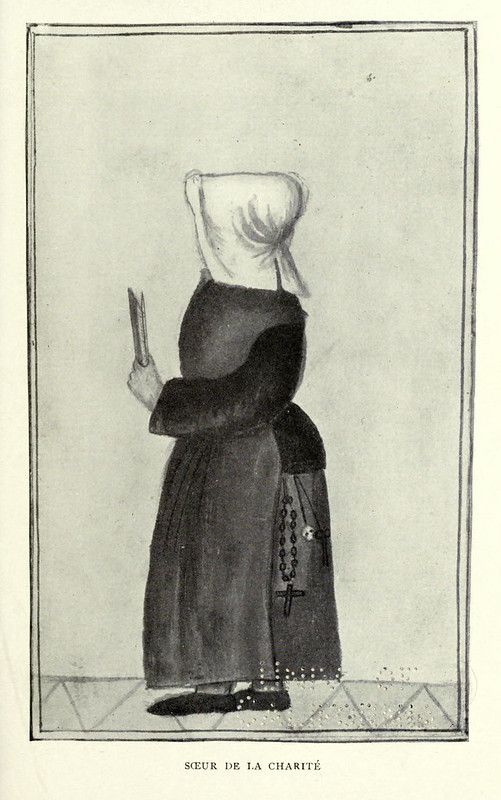 Black and white illustration of a nun labeled 'Sœur de la Charité' holding a book and wearing a long dark dress and white head covering.