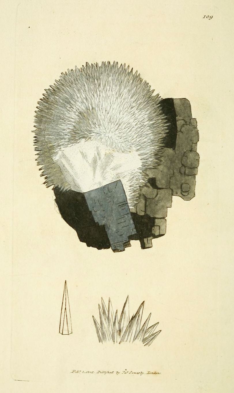 Vintage illustration of a complex crystal formation with radiating needle-like crystals, drawn by W. Seward in London in 1806.