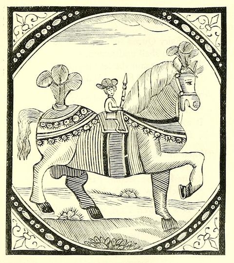 Vintage illustration of a rider on a decorated horse within an ornate border.