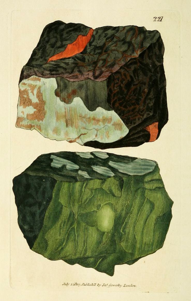 Vintage illustration of two rock specimens, one with reddish-orange veins and a creamy white patch, the other a deep green with lighter streaks.