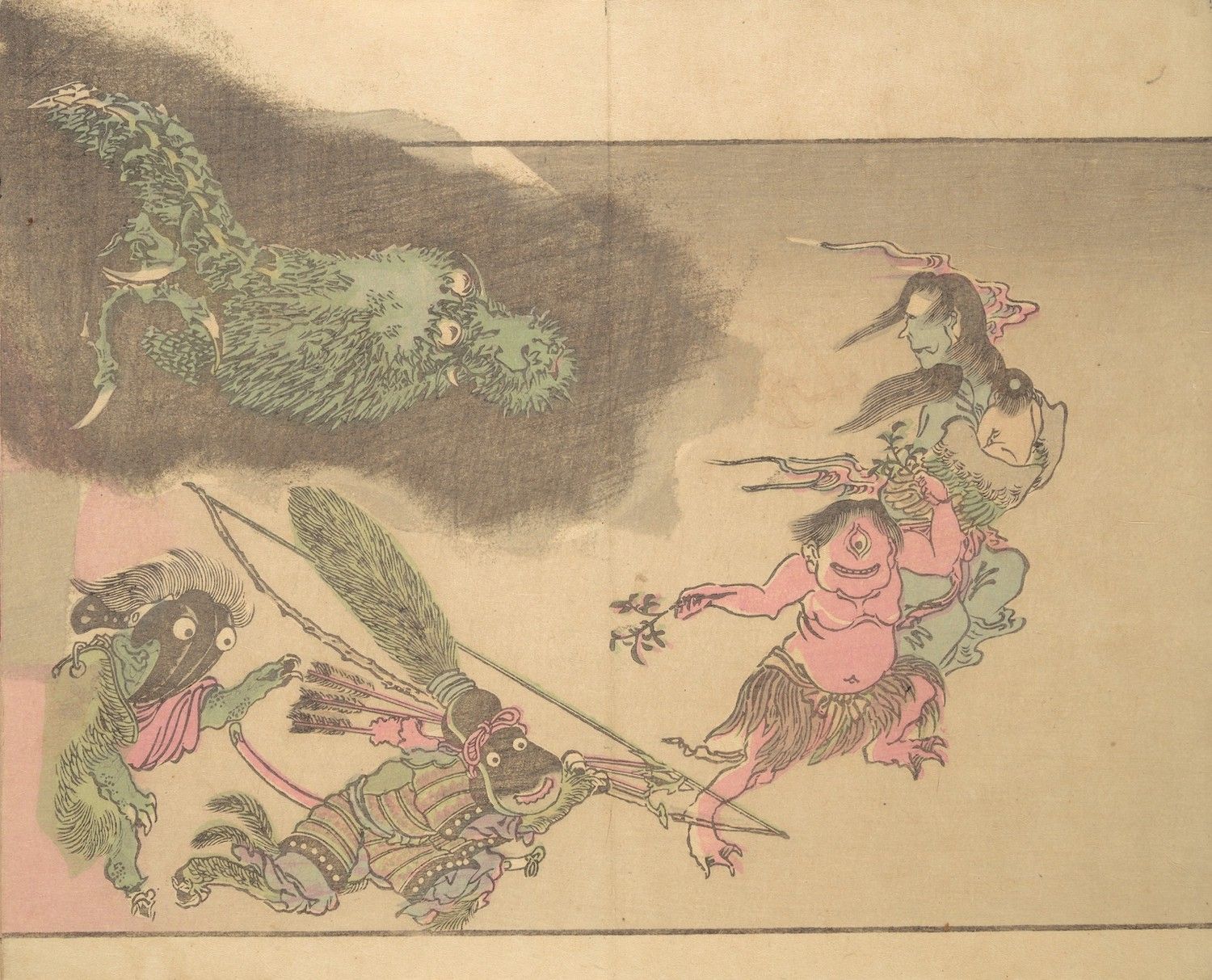 Vintage Japanese woodblock print depicting a fantastical scene with mythical creatures and warriors.