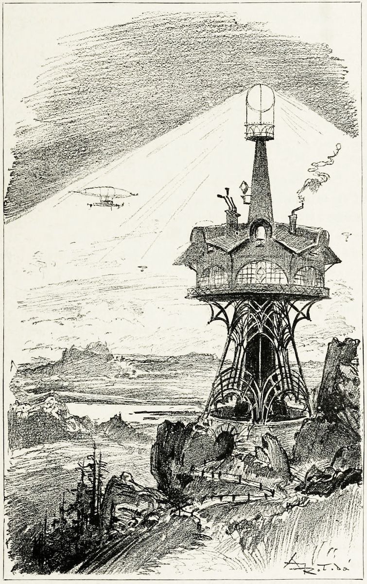 A black and white pen and ink drawing of a fantastical, ornate tower structure perched atop a rocky outcrop.