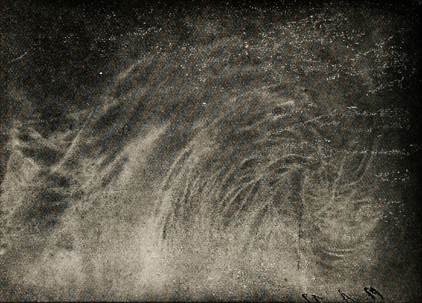 A highly textured, abstract composition with a predominantly dark and grainy aesthetic.