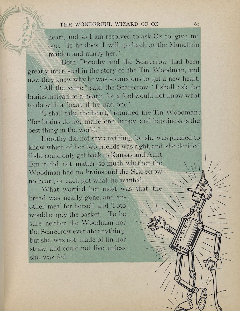 A vintage illustration from 'The Wonderful Wizard of Oz' showing the Tin Woodman and Scarecrow walking along a yellow brick road with a basket, set against a landscape of trees, flowers, and a bright sun.