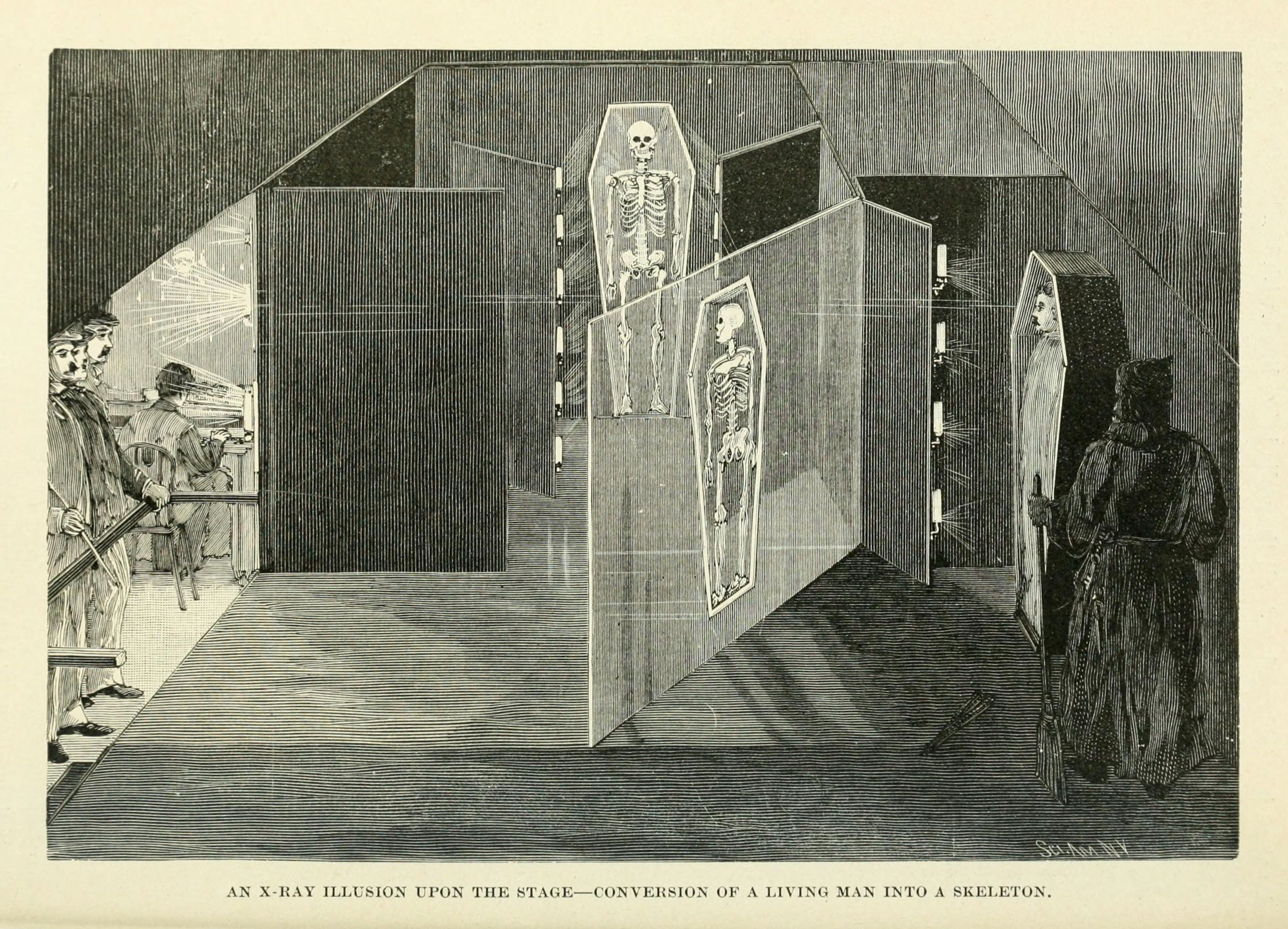 Vintage illustration of a stage illusion titled "An X-Ray Illusion Upon the Stage—Conversion of a Living Man into a Skeleton."