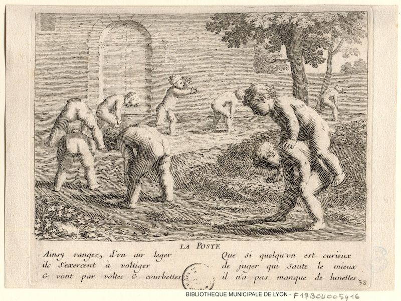 Black and white engraving of cherubs performing acrobatic maneuvers in a wooded area.