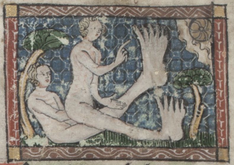 Medieval manuscript illumination of Adam and Eve in the Garden of Eden.