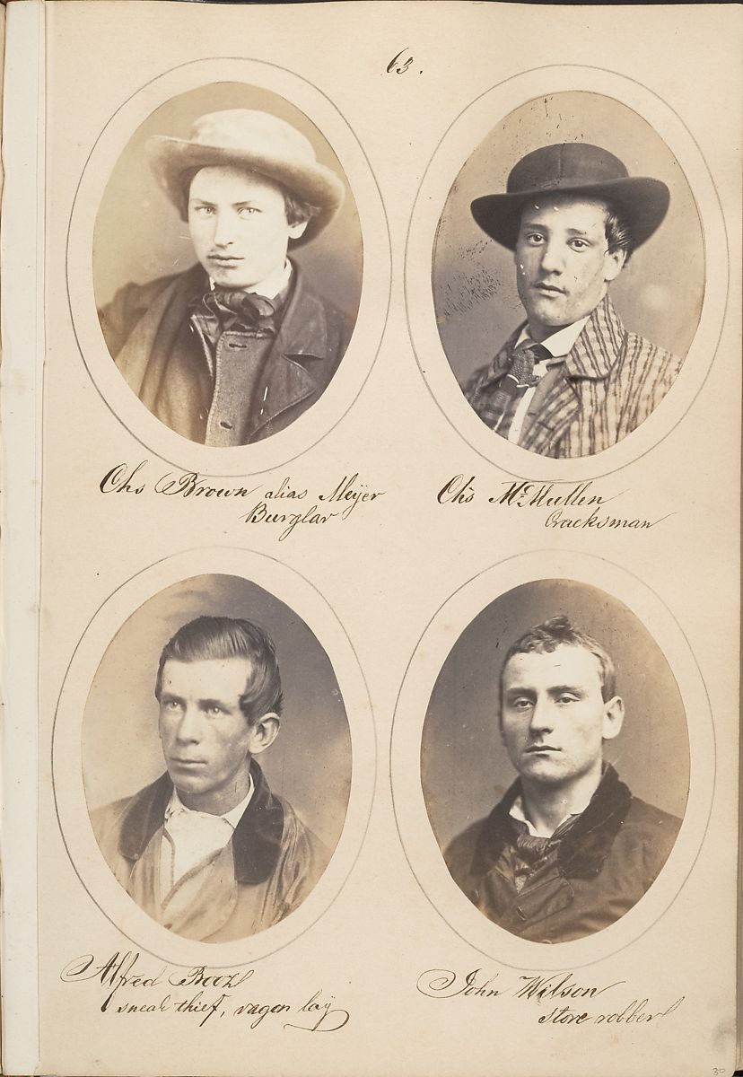 A vintage photograph featuring a collection of four mugshots arranged in a grid.