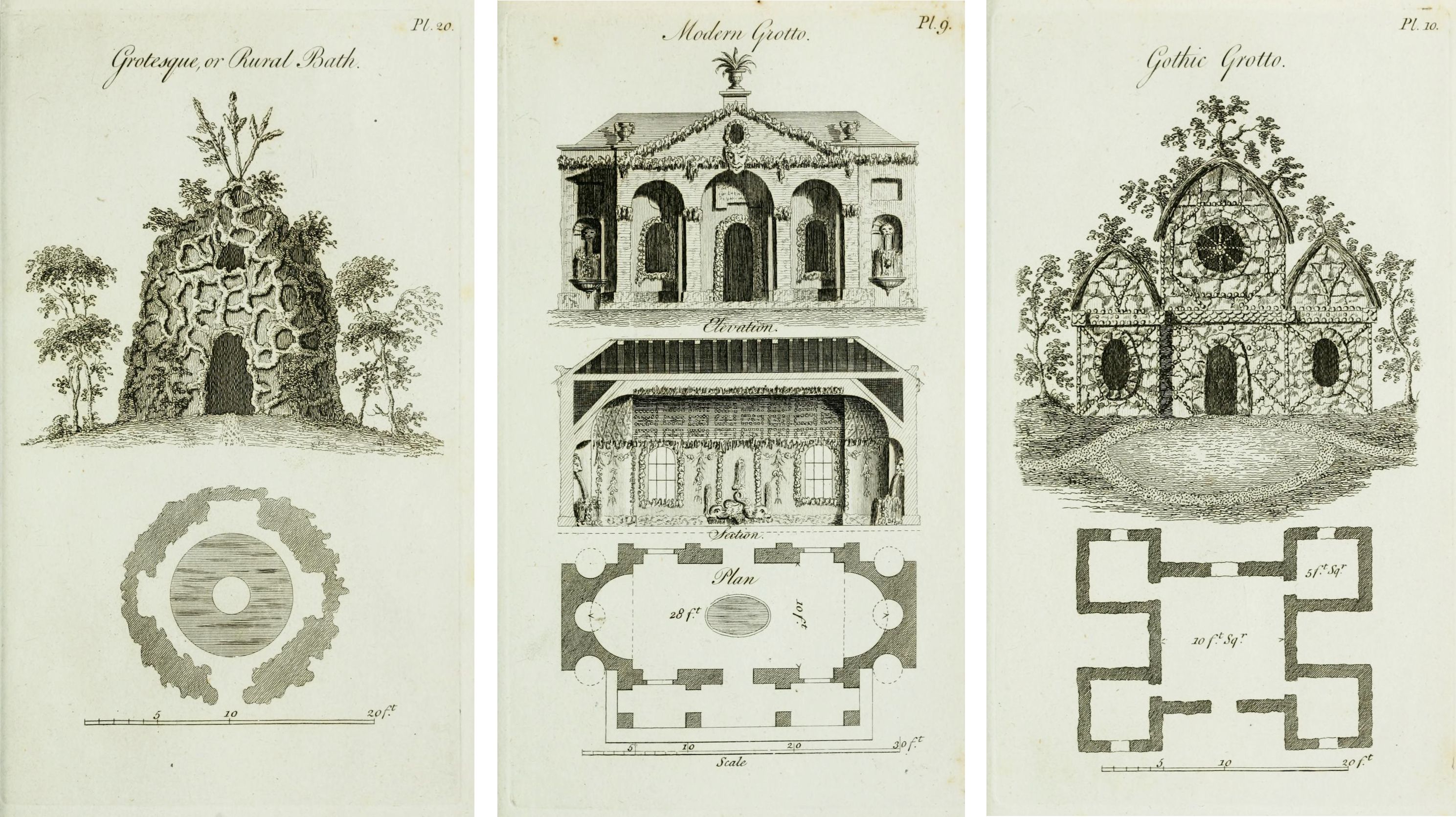 Three architectural drawings of grottos or baths, labeled "Grotesque, or Rural Bath," "Modern Grotto," and "Gothic Grotto," with accompanying plans and sections.