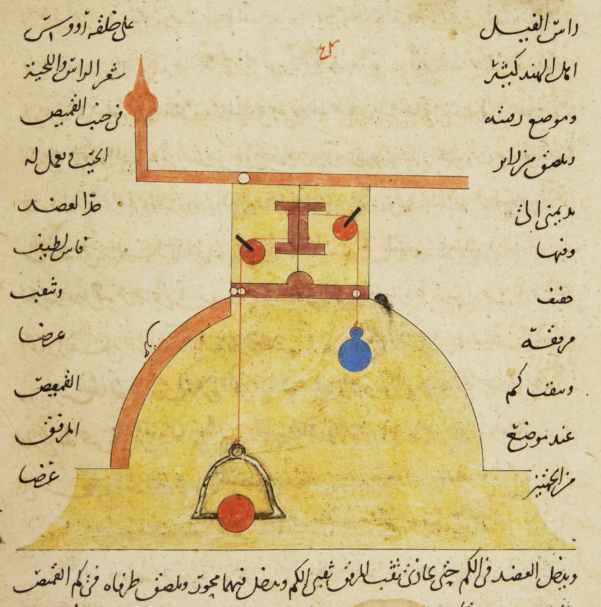Antique illustration of a balance scale with spheres, surrounded by Arabic text.